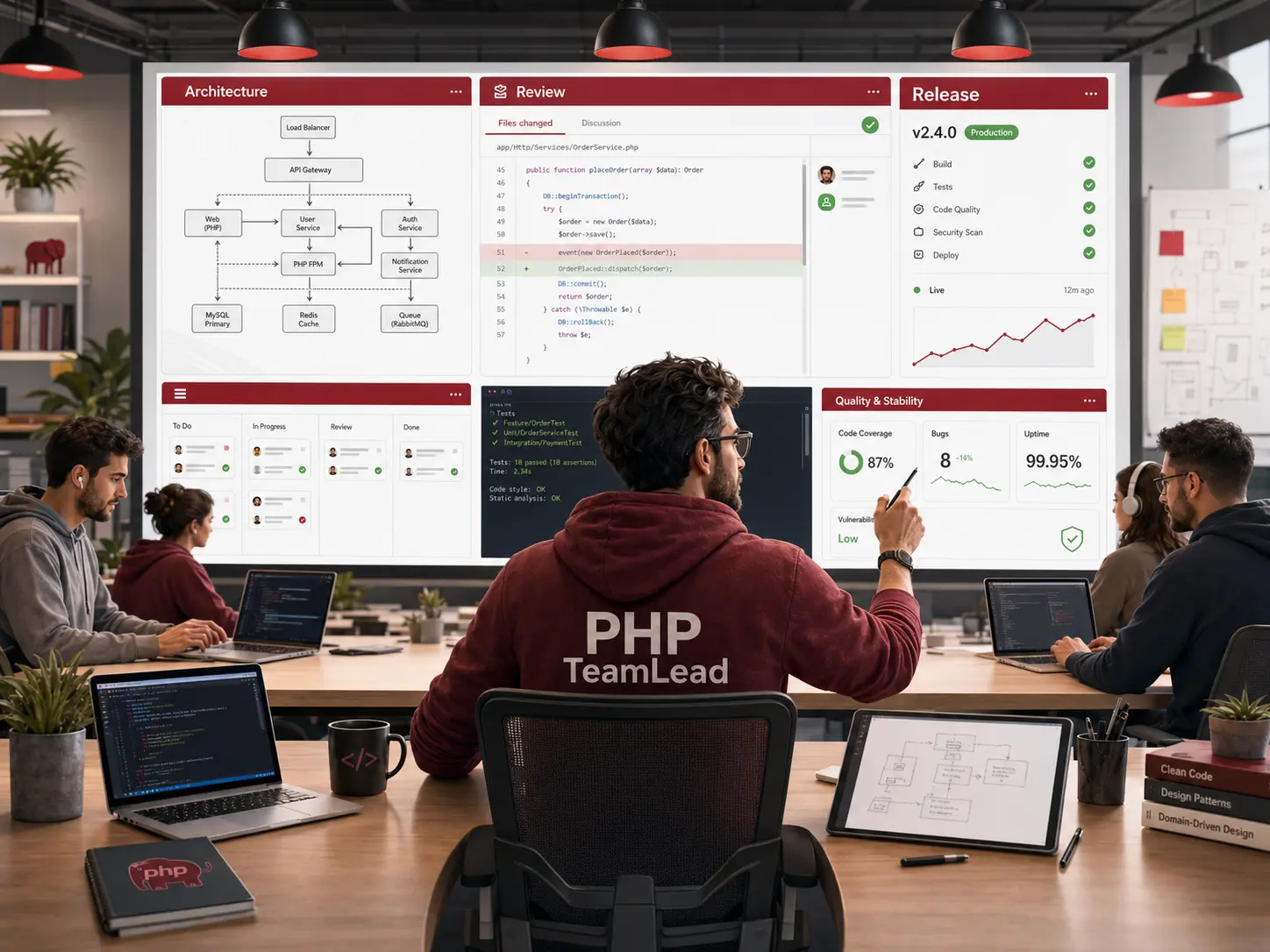 PHP TeamLead управляет разработкой и помогает команде принимать технические решения